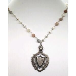 Antique Victorian Sterling Watch Fob Medal on Pearl & Gem Necklace LOAC 1897